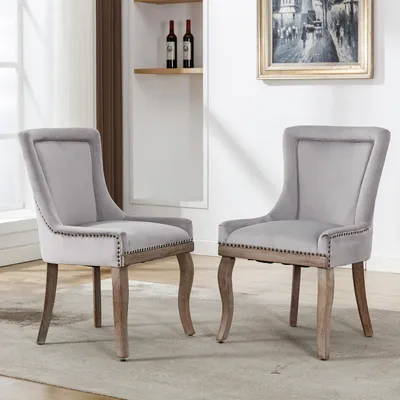 Image de okwish Lot de 2 chaises salle à manger de luxe, pieds bois massif, revêtement velours beige, décoration clous