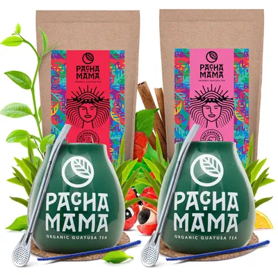 Produktbild von Pachamama - Guayusa Tee Set Guarana, Heartwarming 2x100g - Grün Mate Becher 2x350ml - Hoher Koffeingehalt - Luftgetrocknet, Mild - Mit Bombilla