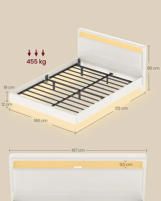 A white bed frame with yellow accents and dimensions indicated.