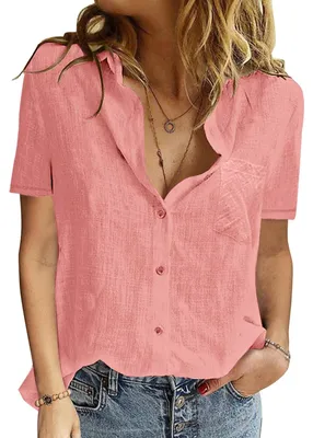 Produktbild von Chiffonbluse mit V-Ausschnitt und kurzen Ärmeln - A-Pink