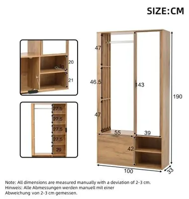 Produktbild von 6-in-1 Garderobenschrank mit Spiegel & Wäscheständer - Holzfarbe, schmaler Schrank mit 9 Fächern & Klapptür, platzsparende Multifunktionslösung als Flurgarderobe für Diele & Vorzimmer 100x33x190 cm