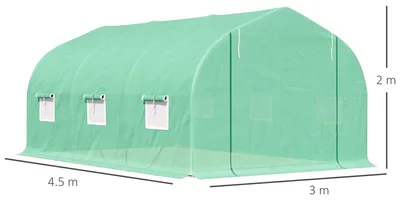 Obrázek produktu pro Tunelová skleník – zahradní skleník 4,5 x 3 x 2 metry – fólie PE – ocelová konstrukce – sedlová střecha – armádní zelená barva