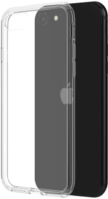 A clear phone case is shown next to a black iPhone.