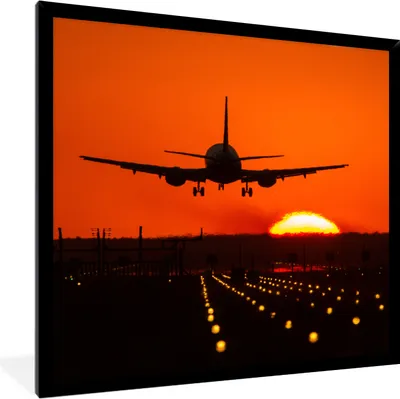 Produktbild von MuchoWow® Gerahmtes Poster Sonnenuntergang - Flugzeug - Orange - Sonne 40x40 cm - Poster mit Schwarzem Bilderrahmen Wandposter Rahmen Foto Bilder - Mit Rahmen - Wanddekoration Schlafzimmer