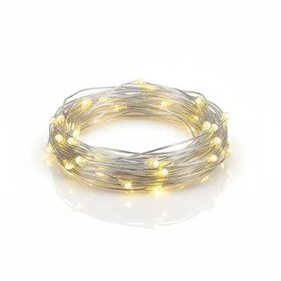 A coiled string of LED lights on a white background.