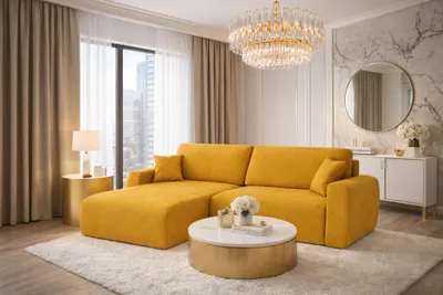 Image de Canapé d'angle   avec fonction couchage et coffre de rangement, Ariel XL, velours, tissu Salvador, jaune, gauche