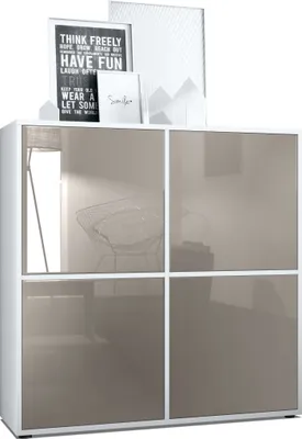 Produktbild von Vladon Highboard Cuba V2 Schrank 104 x 105,5 x 35,5 cm Sideboard mit 8 Fächern,  Germany, Korpus in Weiß matt / Fronten in Sandgrau Hochglanz