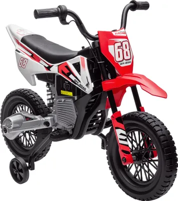 Image de AIYAPLAY Moto électrique enfants, moto cross pour enfants, 2 moteurs 12V puissant, vitesse max. 5 km/h, roues d'entraînement, système de suspension, musique, pour 3 à 6 ans, rouge
