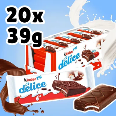 Imagen del producto de Kinder Délice Cacao, paquete de 20 unidades (20 x 39 g) – Snack de bizcocho con relleno de crema de leche + protección para el envío de tarjetas