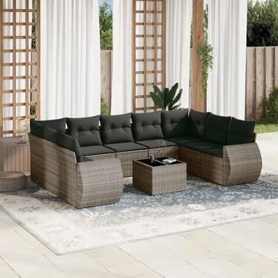 Produktbild von Design 10-tlg. Garten-Sofagarnitur mit Kissen Grau Poly Rattan, Gartenmöbel-Sets 2024 Neu