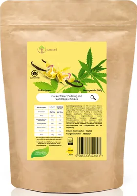 Obrázek produktu pro SANSEI Protein Puding Hemp Vanilla 300g Bez cukru, s vysokým obsahem bílkovin, bez lepku, s vlákninou