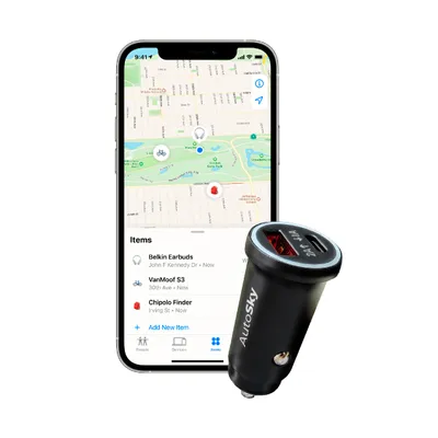 A smartphone displaying a map and item tracking app next to a car charger.