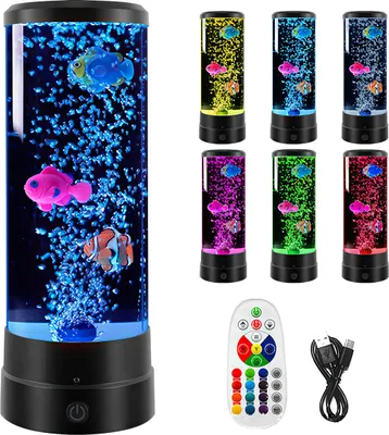 A collage of LED lava lamps with different colored lights and fish, along with a remote control and USB cable.