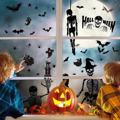 Produktbild von Halloween-Raumsticker-Set, Schwarz, PVC, 9 Blätter, wasserdicht, recycelbar, ideal für Fenster, Glasflaschen und mehr