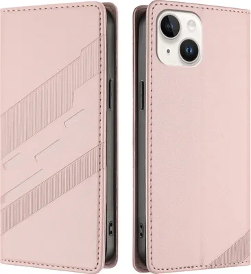 Image de Etui pour iPhone 13 / iPhone 14, étui portefeuille en cuirPolyuréthaneavec fente pour cartes et fonction stand Rose