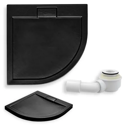Produktbild von Duschwanne Viertelkreis 90x90x4,5 Sanitäracryl Duschtasse Steinoptik Schwarz | Ablaufgarnitur ⌀50 im SET | Anti-Rutsch Duschbecken | BADLAND AXIM SLIM