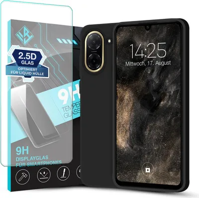 A black phone case and screen protector are displayed next to each other, with marketing text and graphics.