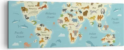 Produktbild von Bild auf Leinwand - Leinwandbild - Einteilig - Tiere die Welt Karte - 140x50cm - Wand Bild - Wanddeko - Wandbilder - Leinwanddruck - Bilder - Wanddekoration - Leinwand bilder - AB140x50-4860
