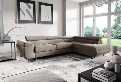 Produktbild von ANTONIO Ecksofa in L-Form ANTON - Höhenverstellbare Kopfstütze, Schenkel/Ottomane rechts oder links, Schlaffunktion&Bettkasten, Cordbezug in  Dunkelbeige