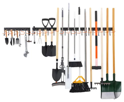 Zdjęcie produktu dla Uchwyt ścienny SucceBuy do narzędzi, model 1727,2 mm, udźwig 204 kg, montaż ścienny, stal węglowa, 4 szyny i 44 haczyki, w zestawie śruby i kołki, organizer do narzędzi do garażu, piwnicy i ogrodu