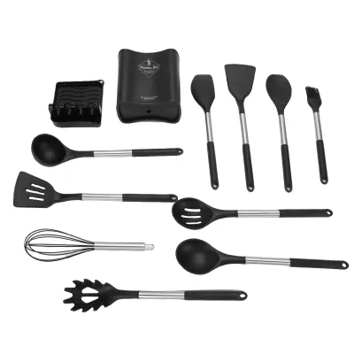 Image de Ensemble d'ustensiles de cuisine en silicone résistant à la chaleur : ensemble de spatules et cuillères avec support, manche en acier inoxydable, facile à nettoyer, noir