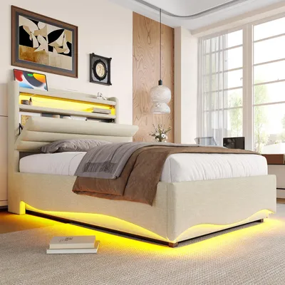 Produktbild von Zerbaco Polsterbett, 90 x 200 cm, Einzelbett, mit Hydraulikmechanismus, mit LED-Beleuchtung, mit USB und Typ-C-Anschlüssen, mit Bettkasten, beige, ohne Matratze, KI-generiertes Bild