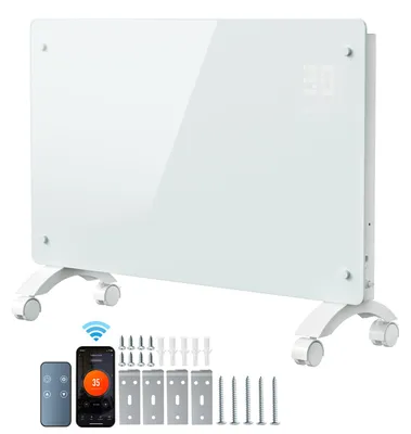 Obrázek produktu pro Elektrické topení ISOISL, 2500W, bílá barva, skleněný konvektor, Wi-Fi, aplikace, termostat 5–50°C, 24hodinový časovač, možnost montáže na zeď nebo použití jako podlahové topení s kolečky
