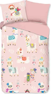 Productafbeelding van Good Morning Kinderdekbedovertrek "lama's" - Roze - (135x200 cm) - Katoen Flanel