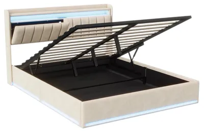 Produktbild von Polsterbett - 140x200 cm - Samt - LED-Beleuchtung & USB - Stauraum - Metallrahmen - Lattenrost - Ohne Matratze - Beige