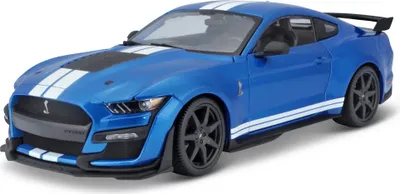 A blue Ford Mustang Shelby GT500 model car with white racing stripes.