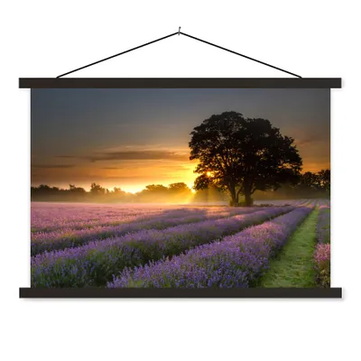 Produktbild von MuchoWow® Textilposter Maifeld-Lavendelfelder bei nebligem Sonnenaufgang 150x100 cm mit schwarzem Rahmen - Schlafzimmer