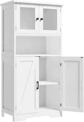 Produktbild von Aufbewahrungsschrank - Bodenschrank - 4 Türen - 1 Offenes Fach - MDF und Holzwerkstoff - 60 x 30 x 128 cm - Weiß