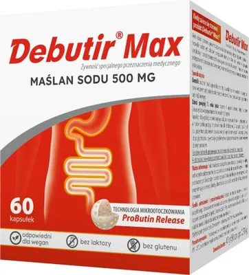Immagine prodotto di Debutir Max, integratore alimentare a base di butirrato di sodio, 500 mg, 60 capsule