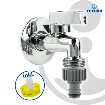 A chrome-plated faucet with a hose connector and a yellow cap with text.