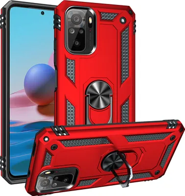 Obrázek produktu pro Pouzdro pro Xiaomi Redmi Note 10 4G/Note 10S dvouvrstvé robustní, vojenská ochrana pouzdro s držákem prstenu a stojánkem červené