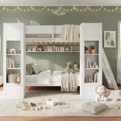 Produktbild von Flieks Etagenbett 90x200cm mit Regal, Kinderbett mit Ablagen, Hochbett mit Leiter und Rausfallschutz, Stockbett 2 Kinder, Weiß