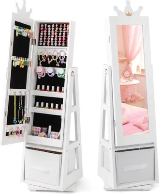 Produktbild von 3 in 1 Kinder Schmuckschrank mit Ganzkörperspiegel & Aufbewahrungskorb Schmuckregal Weiß