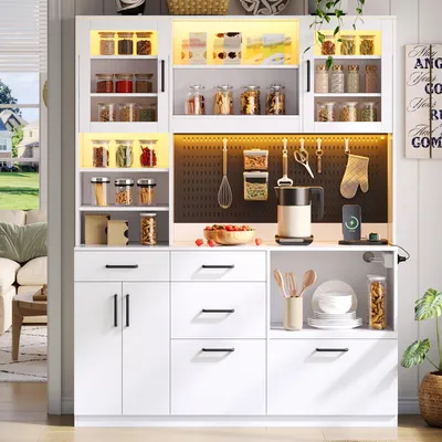 Produktbild von Merax Hochschrank Küchenschrank mit LED und Steckdose, Buffetschrank mit Arbeitsplatte, Sideboard mit Schubladen, Lochplatte, verstellbare Böden, Weiß