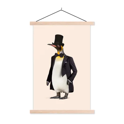 Produktbild von MuchoWow® Textilposter Pinguin - Tier - Hut - Colbert - Schwarz 40x60 cm mit holzfarbenen Rahmen - Poster