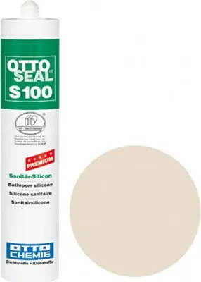 A tube of silicone sealant and a sample swatch of the sealant color.