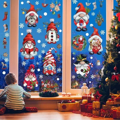Obrázek produktu pro Okenní nálepky na Vánoce, 103 kusů, PVC, oboustranné, 9 listů, rozměr 20x30 cm, motivy: sněhové vločky, Santa Claus, vánoční dekorace