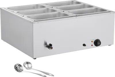 Zdjęcie produktu dla SucceBuy Komercyjny podgrzewacz do żywności z 6 pojemnikami w rozmiarze 1/3, elektryczny podgrzewacz ze stali nierdzewnej o mocy 1,5 kW z pokrywką i chochlą do zupy, zestaw do podgrzewania potraw dla cateringu, restauracji i przyjęć