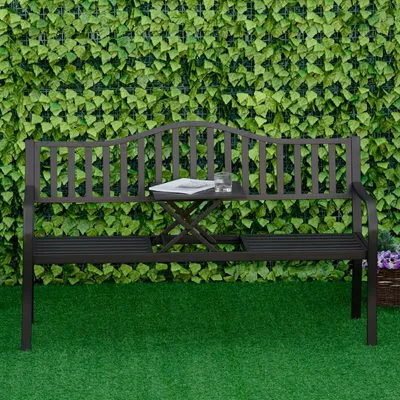 Produktbild von Gartenbank 3-in-2-Sitzer mit ausklappbarem Tisch, Parkbank Metallrahmen pulverbeschichtet, Sitzbank wetterfest, Schwarz | 150x58,5x90 cm | bis 240 kg