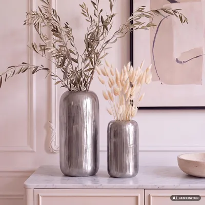 Zdjęcie produktu dla FineBuy, zestaw 2 wazonów dekoracyjnych, aluminium, srebrny, cylindryczny, wazon na kwiaty, dekoracyjny wazon, okrągły, 2-częściowy, do kwiatów, wazon stołowy, element dekoracyjny, metal, dekoracja stołu, ręcznie wykonany, Obraz wygenerowany przez AI