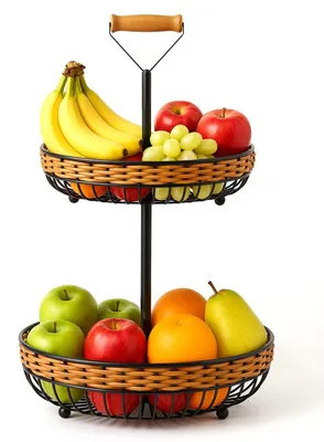 Fruitmand 2 Etagen Metall Rattan schwarz H:45 cm D:29 cm