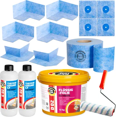 Produktbild von Dichtset Aussen Flüssigfolie 12kg Dichtband 20m Ecken Farbrolle Tiefengrund H324