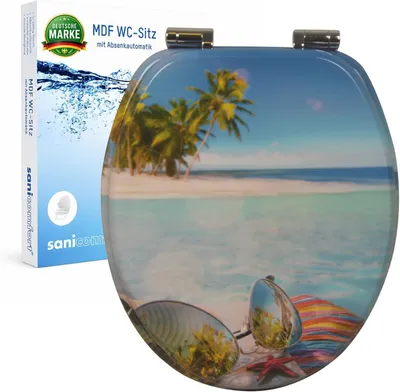 Produktbild von sanicomfort WC Sitz Beach, MDF Holzkern, mit Absenkautomatik, Toilettensitz mit Klodecken, Klobrille und Deckel, verchromte Metallscharniere, einfache Montage