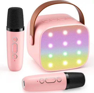Productafbeelding van Karaoke Machine - Draagbare Zanginstallatie - Feestjes Muziek Maken - Twee Draadloze Microfoons - 11.5 x 7.5 x 9.5 cm