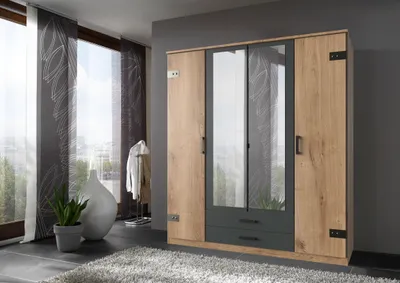 Image de Cork Armoire 4 portes avec miroir Chêne à planches / Graphite