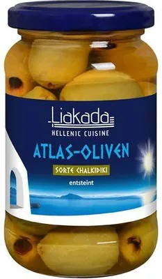 Produktbild von Liakada  Atlas-Oliven Sorte Chalkidiki entsteint 170 G Glas  Vegan Glutenfrei  Fruchtig, leicht bitter, würzige Note